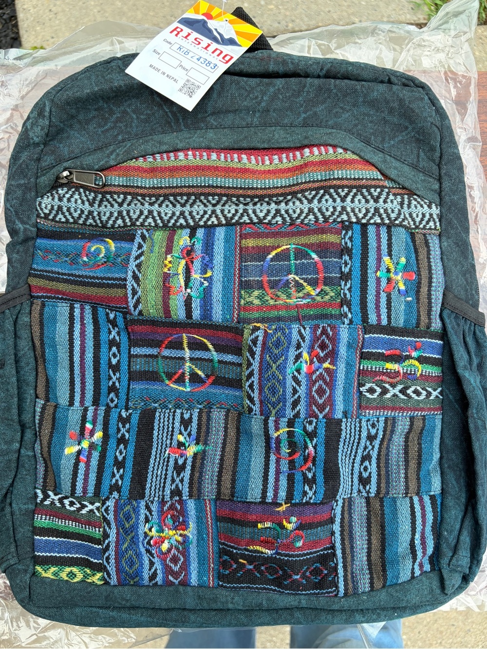 Rising International Nepal Patchwork Backpack Teal Black Acid Wash Boho NWT